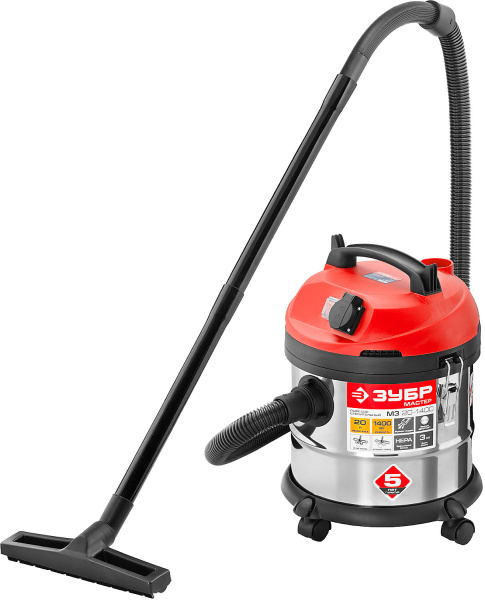 Пылесос строительный, ПУ-20-1400 М3, модель М3-20, 20 л, 1400 Вт, сухая и влажная уборка, корпус из нержавеющей стали, розетка до 2000Вт ЗУБР
