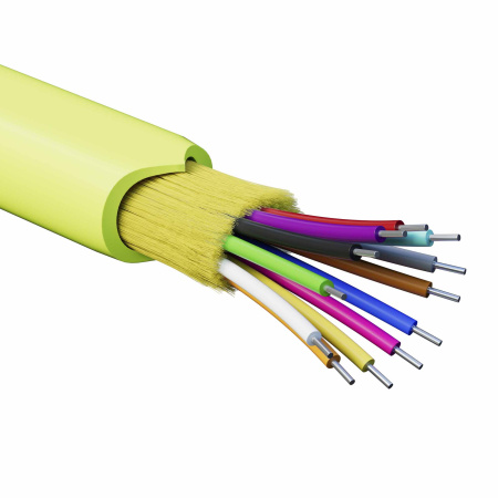 Кабель волоконно-оптический, распределительный, арамидные упрочняющие нити, для внутренней прокладки, нг(А)-HF, 12 ОВ, категорияOM5 (G.651.1) плотный 