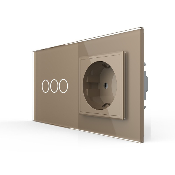 Трехклавишный сенсорный выключатель с розеткой 2 поста, цвет золотой Livolo