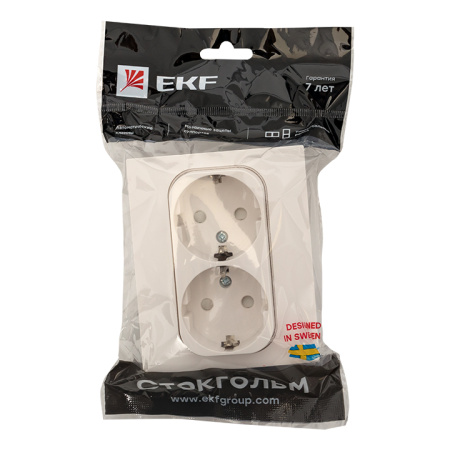 Стокгольм Розетка 2-местная с/з 16А белая с защ, штор, EKF