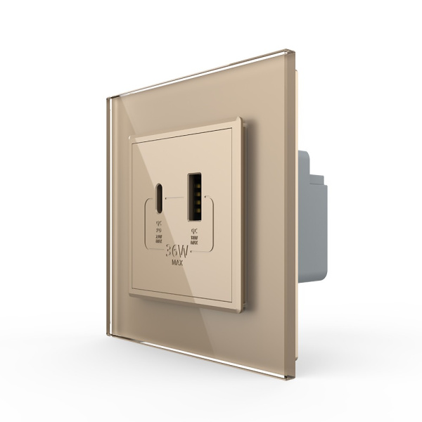 Розетка USB type C+A с блоком питания 36W Livolo 1 пост Золотая VL-C7VUA18W.UC18W-2AP