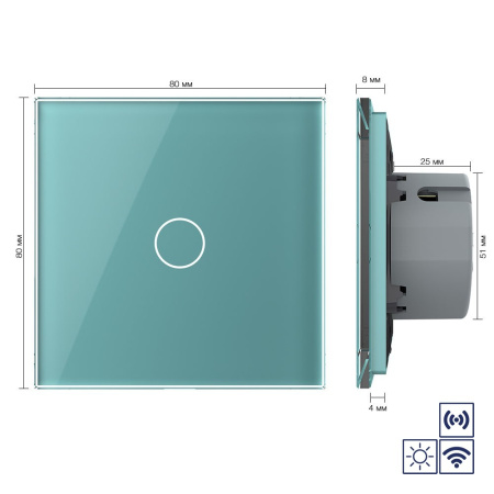 Сенсорный импульсный радиоуправляемый выключатель сухой контакт 1 клавиша 1 модуль Зеленый Livolo