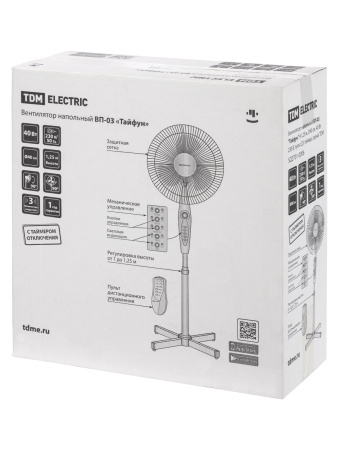 Вентилятор напольный ВП-03 "Тайфун" H1,25 м, D40 см, 40 Вт, 230 В, пульт ДУ, таймер, серый, TDM