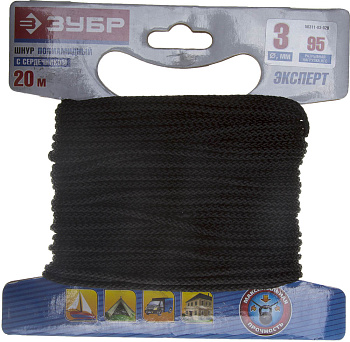 Шнур полиамидный, плетеный, повышенной нагрузки, с сердечником, черный, d 3, 20м ЗУБР