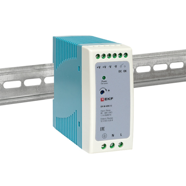 Блок питания на DIN рейку 40Вт, Uвх ~ 220 В AC m, Uвых - 12 В DC постоянного тока EKF