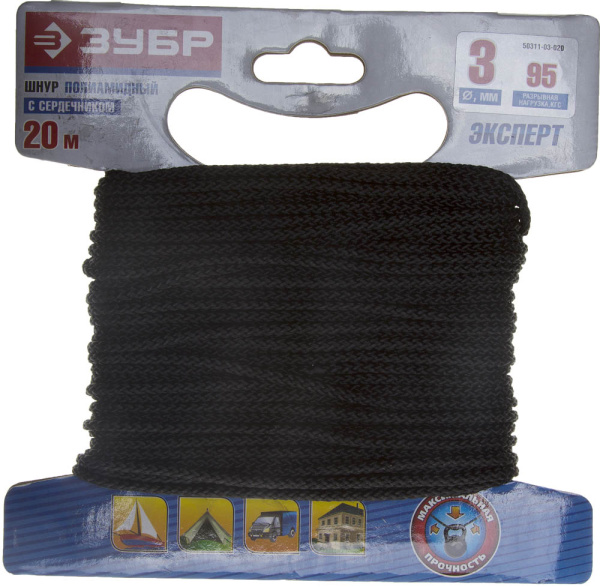 Шнур полиамидный, плетеный, повышенной нагрузки, с сердечником, черный, d 3, 20м ЗУБР