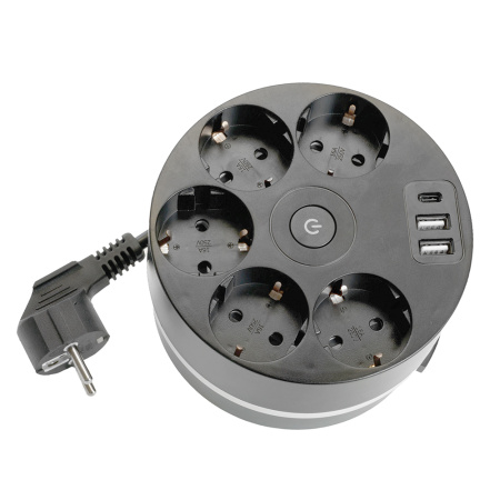 HM10-51-01 Удлинитель 5-местный с/з, 3x1мм², 2.5м, 250В, 16А, 2USB+С 5V 3,1А, серия Comfort, черный STEKKER