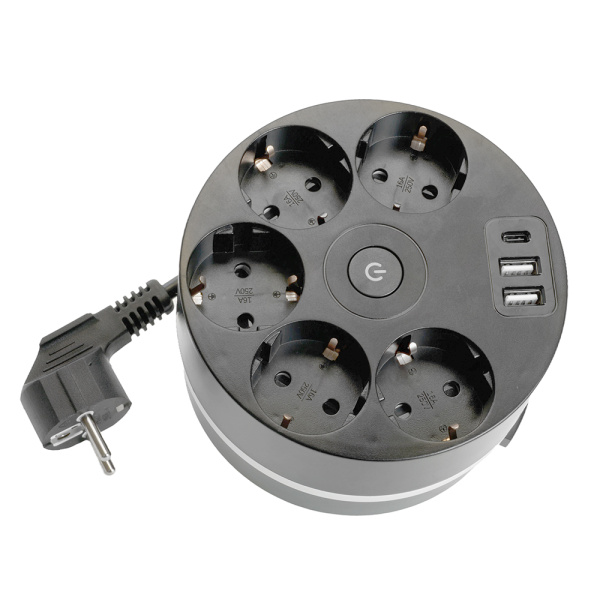 HM10-51-01 Удлинитель 5-местный с/з, 3x1мм², 2.5м, 250В, 16А, 2USB+С 5V 3,1А, серия Comfort, черный STEKKER