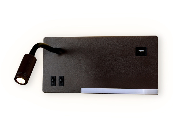 Настенный светодиодный светильник с полкой, выключателем и USB портом FW293 CF/BK кофе/черный LED 4200K 5W+3W 260*150*110 Ambrella Light
