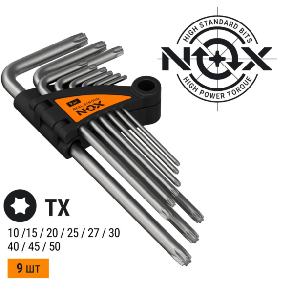 Набор ключей угловых шестигранных имбусовых 9 шт.(1,5-10мм)средн. длины, хром-ван. сталь "Nox"