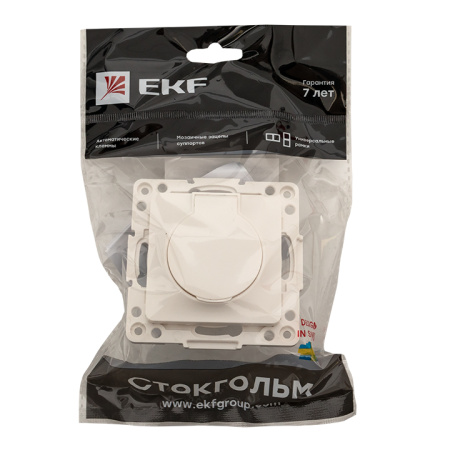 Стокгольм Механизм Розетки 1-местной с/з 16А белый с крышкой и защ, штор, IP44 EKF