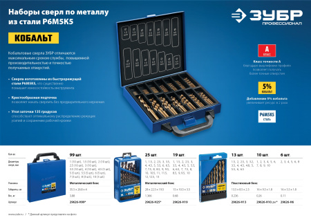 КОБАЛЬТ 13шт(1.5-6.5мм), Набор сверл по металлу, сталь Р6М5К5, класс А, мет.бокс ЗУБР