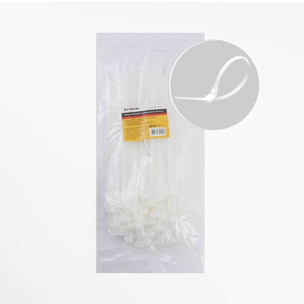 Хомут нейлоновый многоразовый STEKKER NYCT80-250 8x250 мм, белый, упаковка 100 шт Хомут нейлоновый многоразовый STEKKER NYCT80-250 8x250 мм, белый, упаковка 100 шт