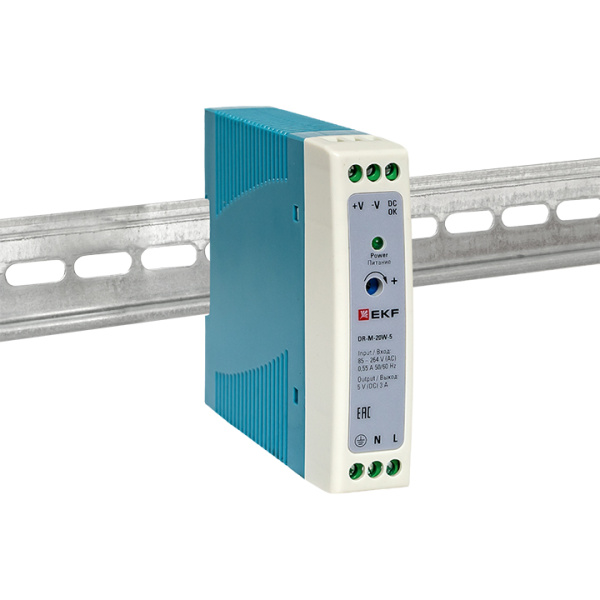 Блок питания на DIN рейку 20Вт, Uвх ~ 220 В AC m, Uвых - 5 В DC постоянного тока EKF