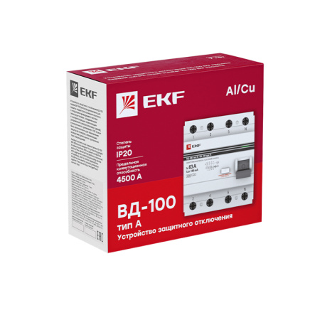 Устройство защитного отключения ВД-100 УЗО 4П 63А (электр, тип А) 4,5кА 100мА PROxima EKF