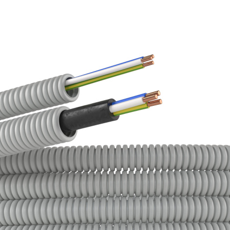 Труба ПВХ гибкая гофр. д.16мм, цвет серый, с проводом ПуВ 3х2,5мм² РЭК "ГОСТ+", 50м DKC