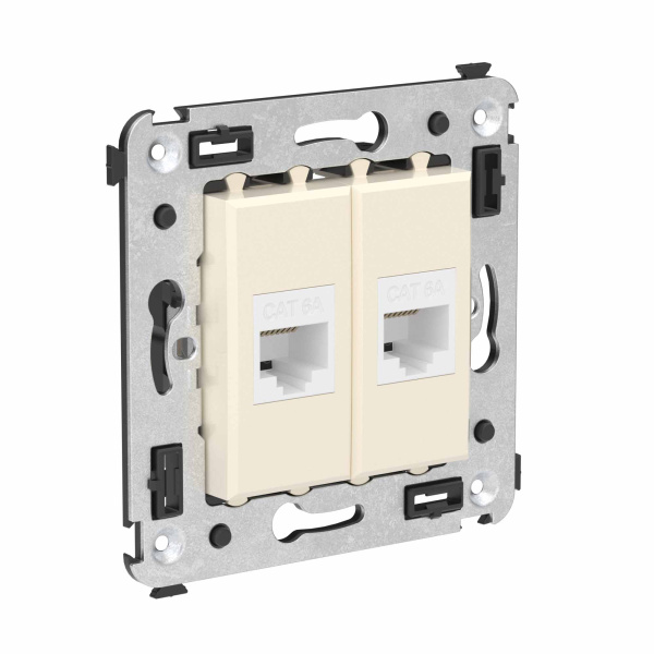 Компьютерная розетка RJ-45 без шторки в стену, кат.6А двойная, "Avanti", "Ванильная дымка" DKC