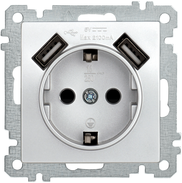 Розетка РЮш10-1-Б с з/з с защитной шторкой 16А USBх2 2,1A BOLERO серебряный IEK