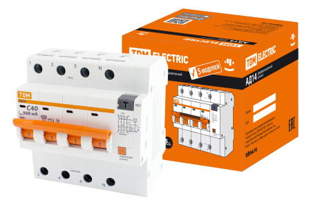 Дифференциальный автоматический выключатель АД14 4П 40А С 300мА 4,5кА тип АС 5 мод TDM