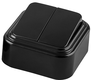 Выключатель STEKKER PSW06-22-20 двухклавишный открытой установки, 250В, 6А, IP20, черный (VA5 6-232-Ч)