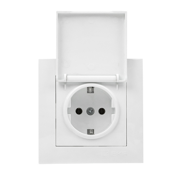Валенсия Розетка 1-местная с/з 16А белая с крышкой и защ, штор, IP44 EKF
