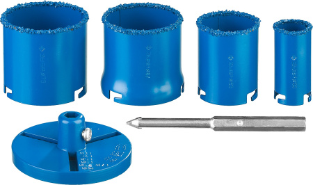 Набор кольцевых коронок "Профессионал" c карбид-вольфрамовым нанесением, 6 предм. в кейсе: коронки d 33, 53, 67, 73 мм, основание, сверло ЗУБР