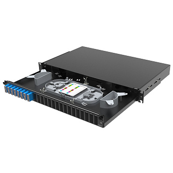 Оптическая полка выдвижная 1U с адатерами 8 х duplex SC OS2 в комплекте с лицевой панелью, пигтейлами, сплайс-кассет(ой/ами) и гильзами КДЗС DKC