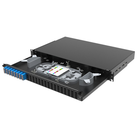 Оптическая полка выдвижная 1U с адатерами 8 х duplex SC OS2 в комплекте с лицевой панелью, пигтейлами, сплайс-кассет(ой/ами) и гильзами КДЗС DKC