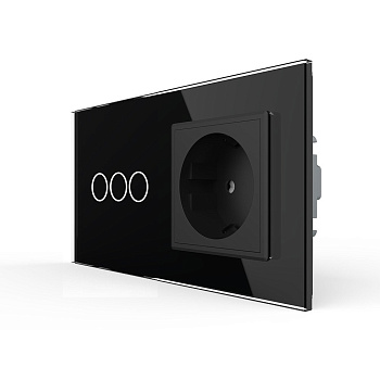 Трехклавишный сенсорный выключатель с розеткой 2 поста, цвет черный Livolo