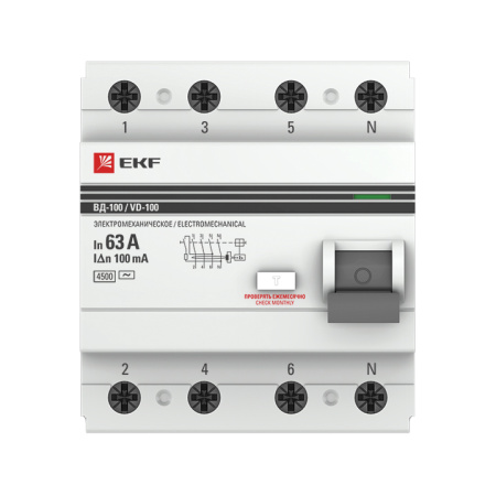 Устройство защитного отключения ВД-100 УЗО 4П 63А (электромеханическое) 4,5кА 100мА PROxima EKF