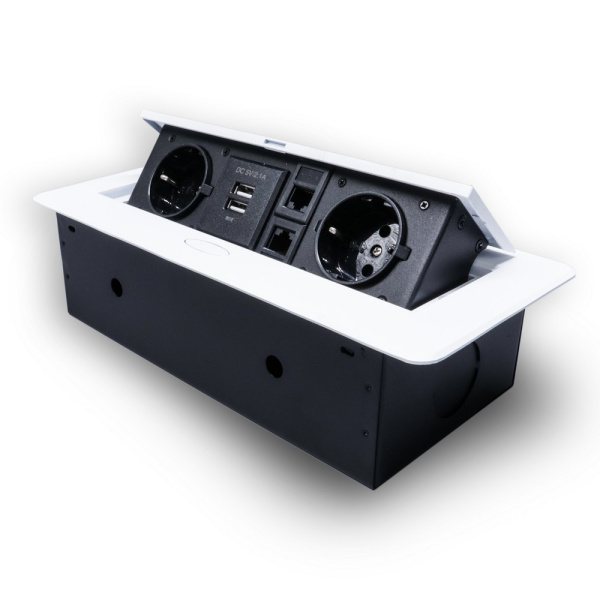 Розетка горизонтальная выдвижная 2 Euro 16А, 2 USB A с блоком 5В/2.1А, 2 RJ45 RocketSocket, проводка, цвет белый