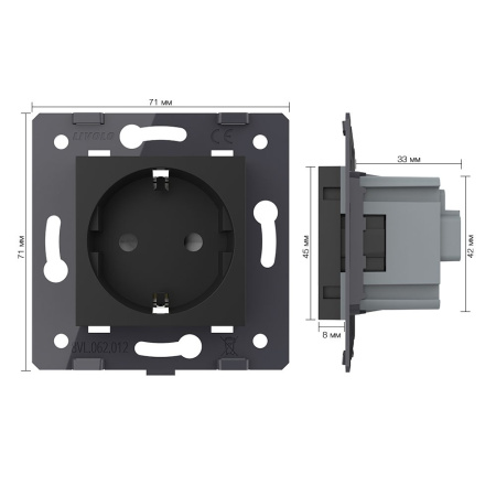 Розетка с заземлением защитными шторками черная (механизм) Livolo