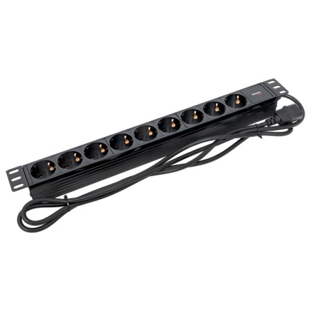 Блок розеток PDU TERACOM PRO 19" 1U 10А/250В 9 розеток Schuko шнур питания длиной 2 метра сечение 3x1,5 мм2 вилка C14 корпус пластик черный EKF
