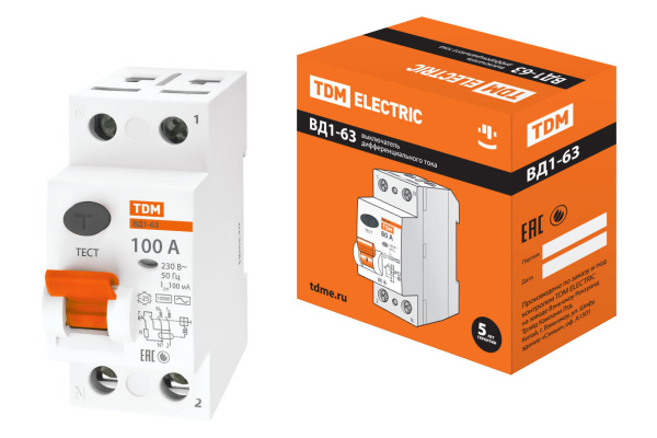 Устройство защитного отключения УЗО ВД1-63 2П 100А 100мА TDM