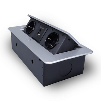 Розетка горизонтальная выдвижная 2 Euro 16А, USB type A+C с блоком 18W RocketSocket, проводка, цвет серый