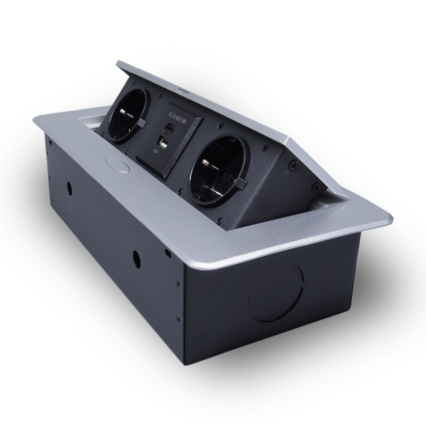 Розетка горизонтальная выдвижная 2 Euro 16А, USB type A+C с блоком 18W RocketSocket, проводка, цвет серый