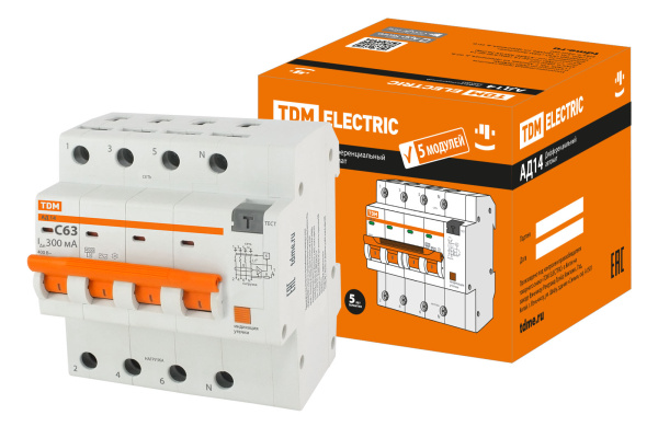 Дифференциальный автоматический выключатель АД14 4П 63А С 300мА 4,5кА тип АС 5 мод TDM