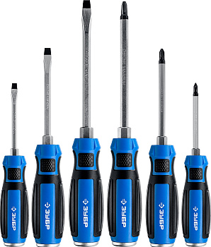 Набор: Отвертки ударные "Профессионал" "УДАРНИК", сквозной Cr-V стержень с усилит.под ключ, 2-хкомп.рук, магн.наконечник, в коробке, 6предм ЗУБР