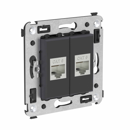 Компьютерная розетка RJ-45 без шторки в стену, кат.6 двойная экранированная, "Avanti", "Черный матовый" DKC