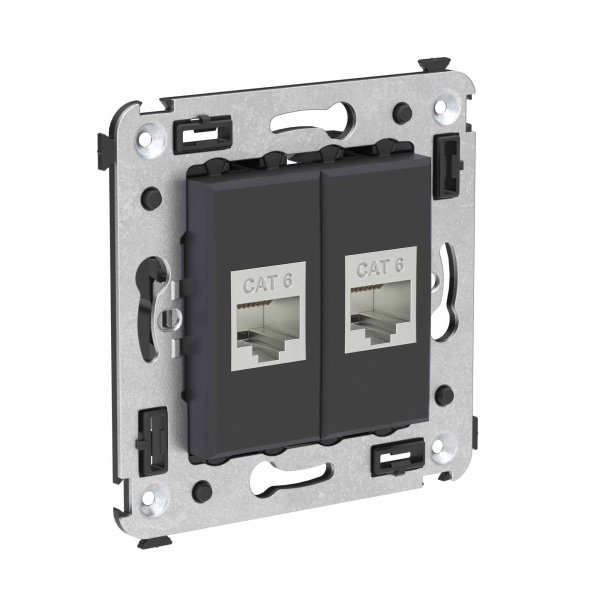 Компьютерная розетка RJ-45 без шторки в стену, кат.6 двойная экранированная, "Avanti", "Черный матовый" DKC