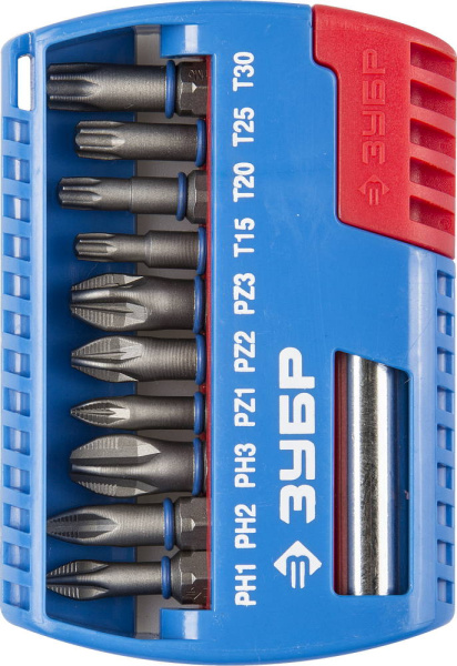 Набор : Биты с магнитным адаптером, Cr-Mo, PH1, PH2, PH3, PZ1, PZ2, PZ3, TORX 15,20,25,30, 11 предметов ЗУБР