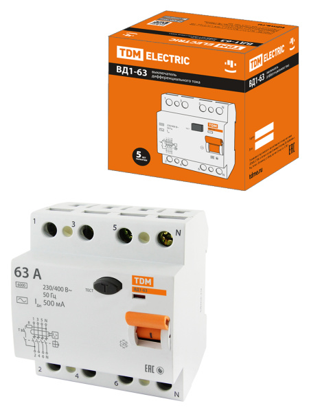 Устройство защитного отключения УЗО ВД1-63 4П 63А 500мА TDM