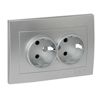 Валенсия Лицевая панель розетки 2-местной с/з 16А сталь с защ, штор, EKF