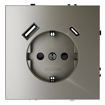Розетка встраиваемая Voltum S70 с заземлением и защитными шторками, 16А, с USB, A+C, (шелк)