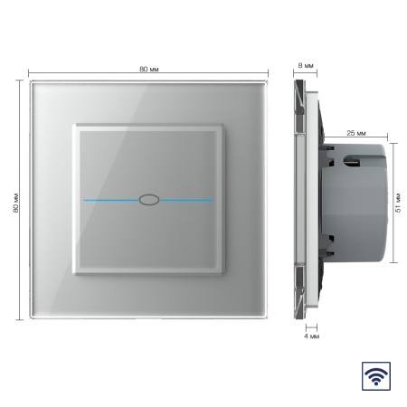 Сенсорный радиоуправляемый выключатель Quadro 1 клавиша 1 пост Серый Livolo