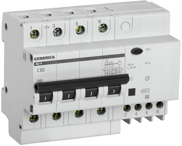Дифференциальный автоматический выключатель АВДТ АД14 4П 63А 30мА GENERICA