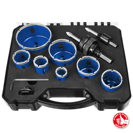 Набор коронок алмазных с оснасткой, D=20, 25, 32, 35, 40, 50, 68 мм, 7 коронок, Профессионал ЗУБР