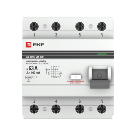 Устройство защитного отключения ВД-100 селективное УЗО 4П 63А (электронное) 4,5кА 100мА PROxima EKF