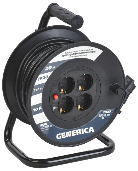 Катушка УК20 с термозащитой 4 места 2P+PE/20м 3х1,0мм2 GENERICA