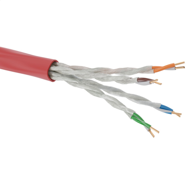 Кабель витая пара, неэкранированный U/UTP, категория 5e, 4 пары (24AWG), однопроволочный (solid), нг(А)-FRHF, внутренний, -25°C - +70°C,красный DKC